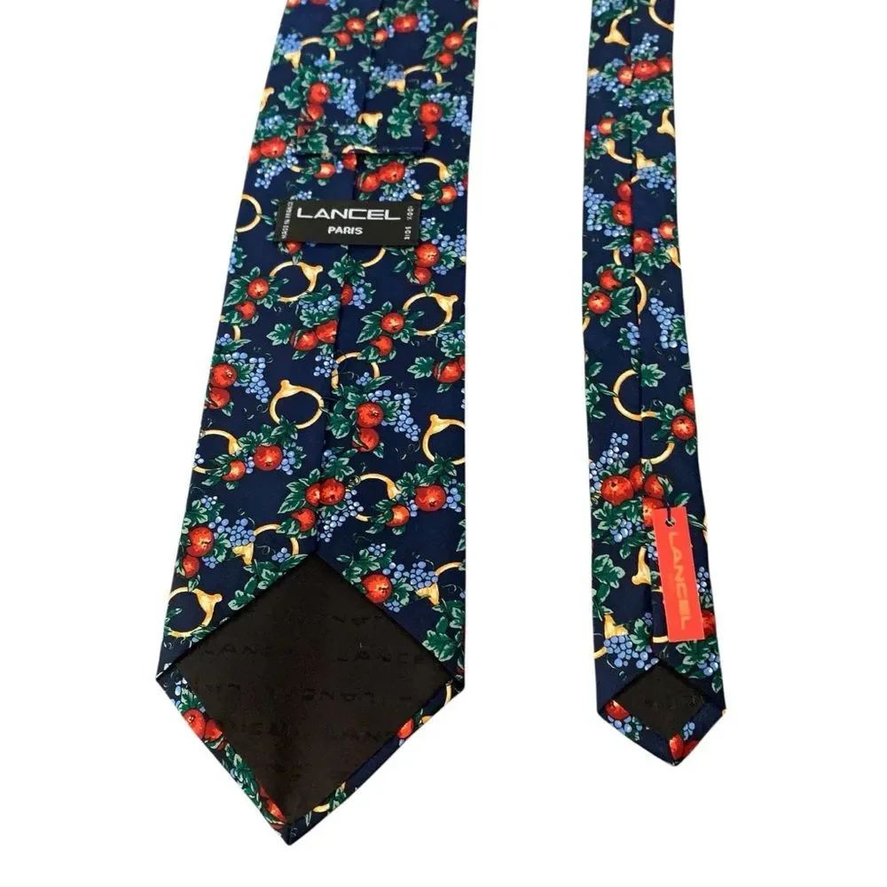 Lancel Paris Silk Floral Fruit Horsebit Stirrup Print Mens Neck Tie Navy Red New